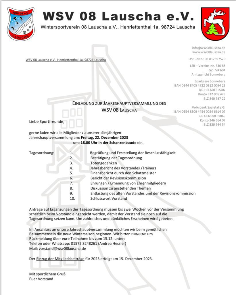 Einladung zur Jahreshauptversammlung des WSV 08 Lauscha 2023